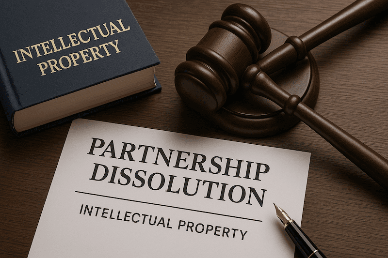 Partnership dissolution document and intellectual property book with gavel on desk representing IP disputes in California business breakups