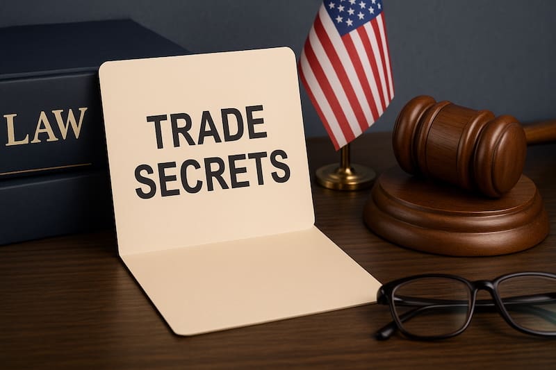 Close-up of a law-themed workspace featuring a “Trade Secrets” folder, gavel, law books, American flag, and eyeglasses on a wooden desk.