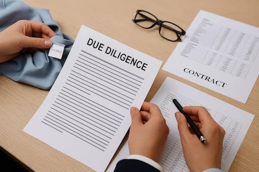 Professional workspace with fashion due diligence documents, contract papers, and garment care label symbolizing legal and compliance review in California fashion mergers.