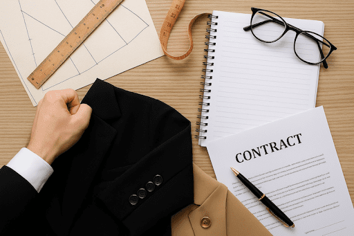 Fashion brand professionals reviewing design sketches and legal partnership contracts on a desk in a modern Los Angeles office.