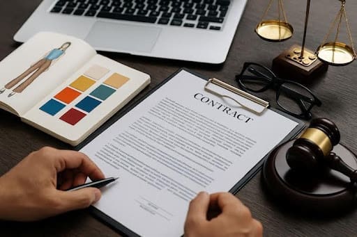 Professional workspace showing a fashion licensing contract, fabric samples, legal scales, and design sketches symbolizing royalty agreements in fashion law.