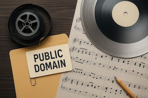 vintage film reel, vinyl record, and sheet music on a desk symbolizing the distinction between public domain films and copyrighted music.