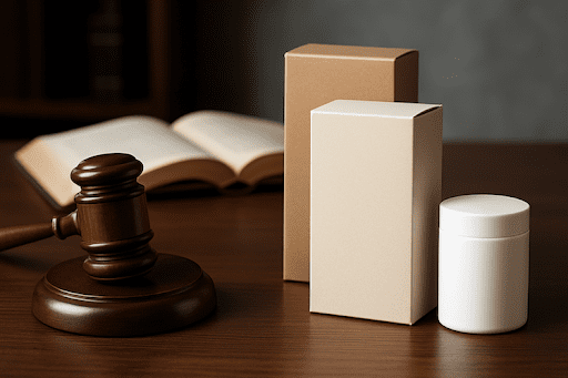 A legal-themed desk with Lady Justice, gavel, and generic product packaging, symbolizing branding and packaging disputes in Los Angeles.