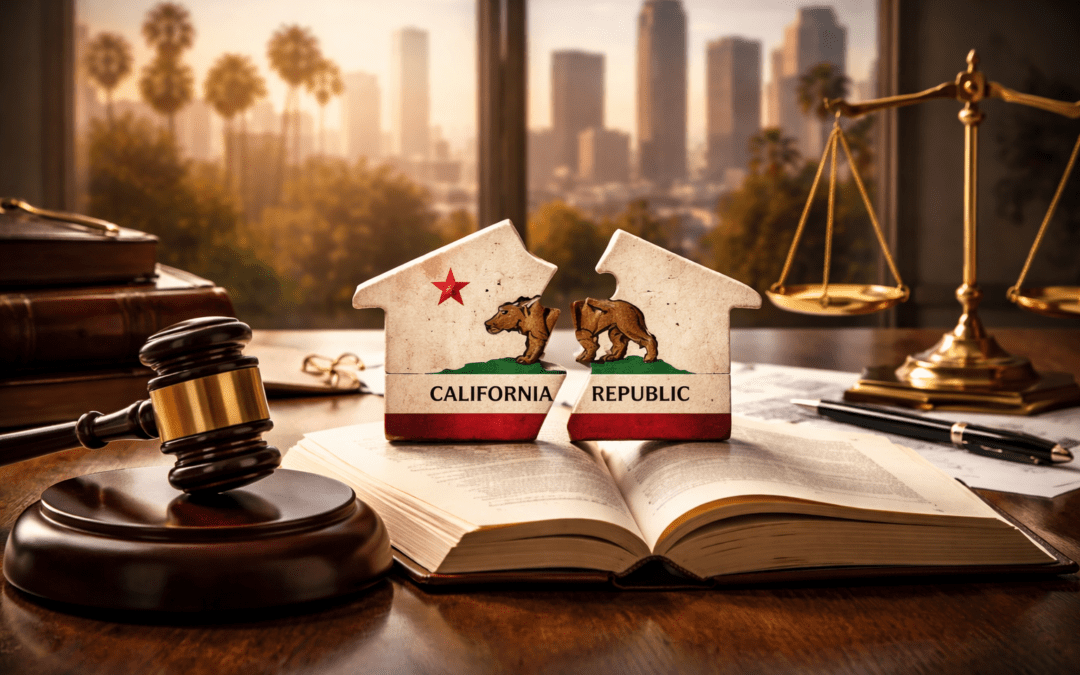 California LLC deadlock dispute illustration with legal gavel and Los Angeles skyline representing business litigation.